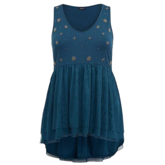 TORRID Teal Green Embellished Babydoll Top Coquette Double Mesh Beaded 2X - Picture 11 of 13
